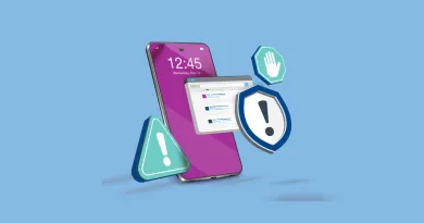 The image shows a mobile phone with icons around it including "stop" sign. and two scam alerts. eFlow Fraudulent Text Messages