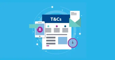 The image shows a T&Cs document with icons surrounding it - mobile, email and a clock.