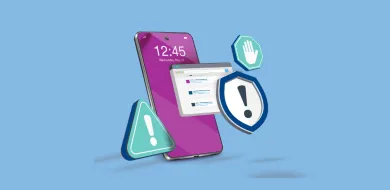 The image shows a mobile phone with icons around it including "stop" sign and two scam alerts.